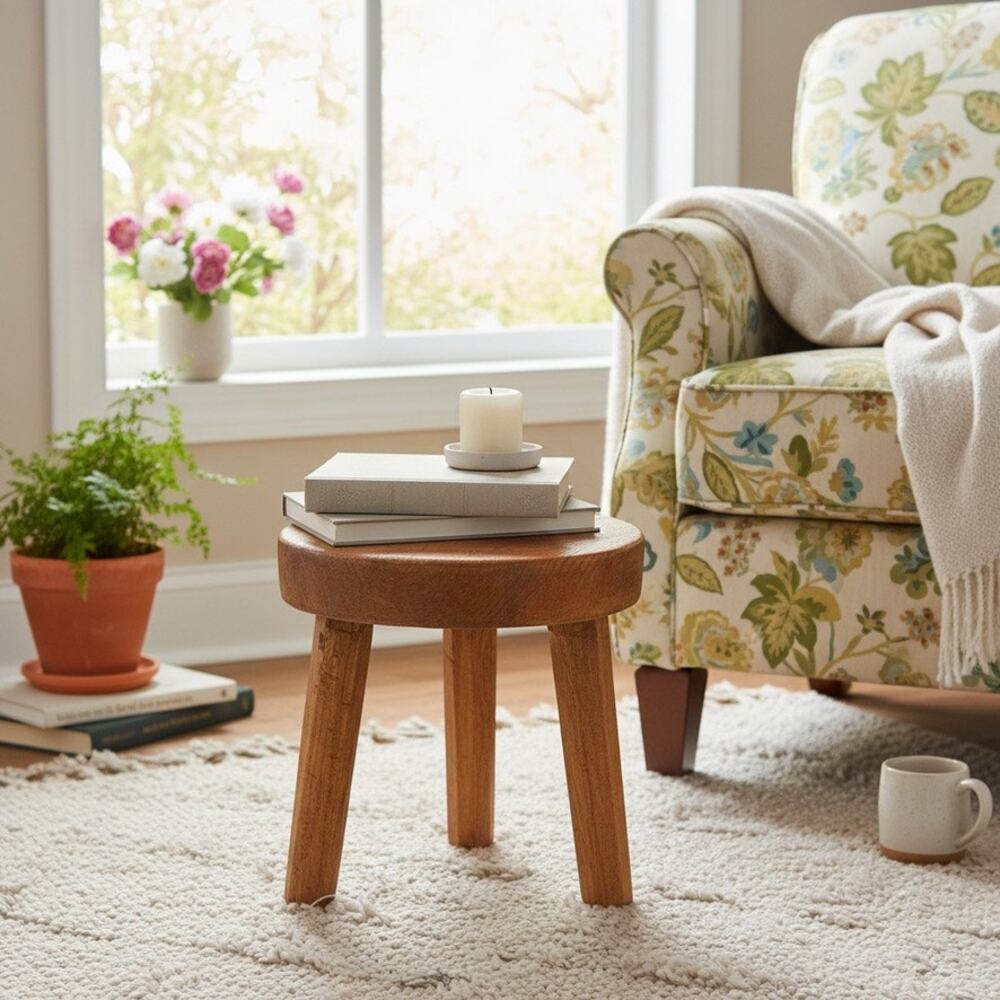 Primitive Pine Wood Milking Stool-Rustic Farmhouse-Plant Stand-Country-Cottage